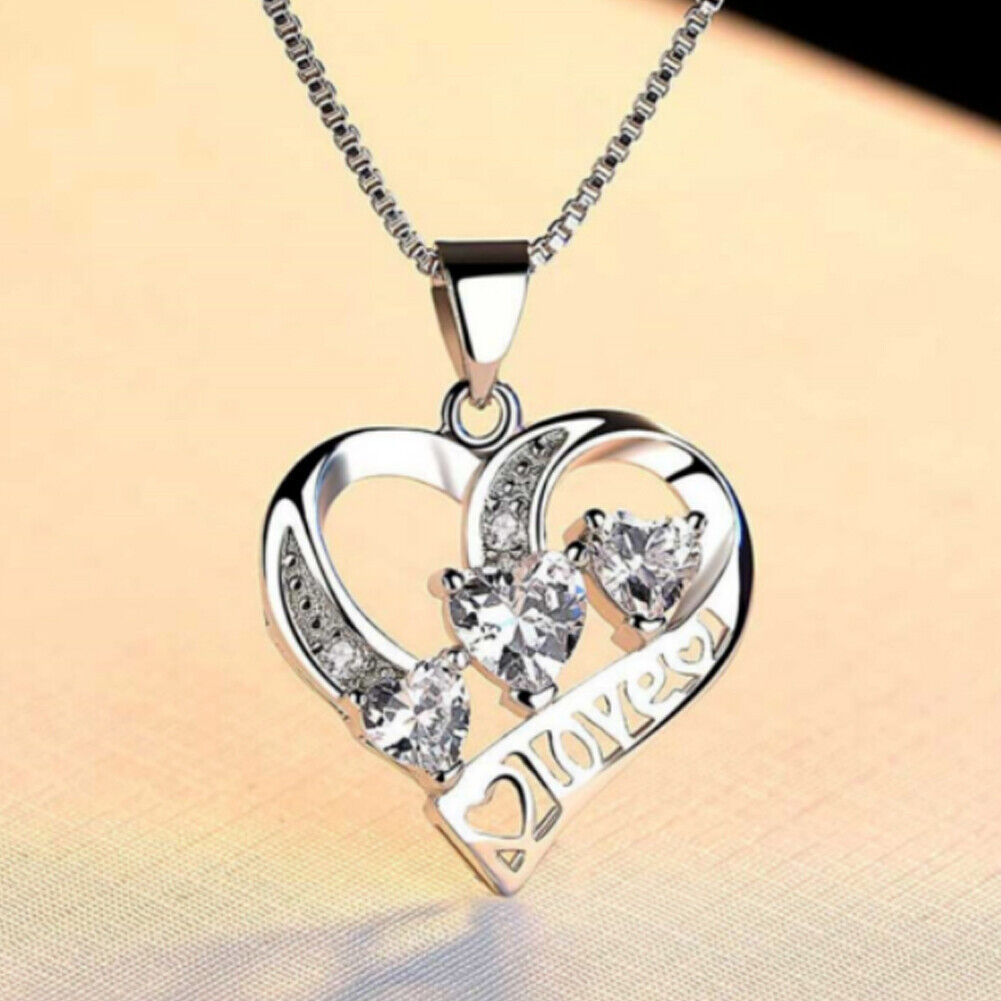 US1-2Pc 925 Sterling Silver Infinity Love Heart Cubic Zirconia Pendant Necklace