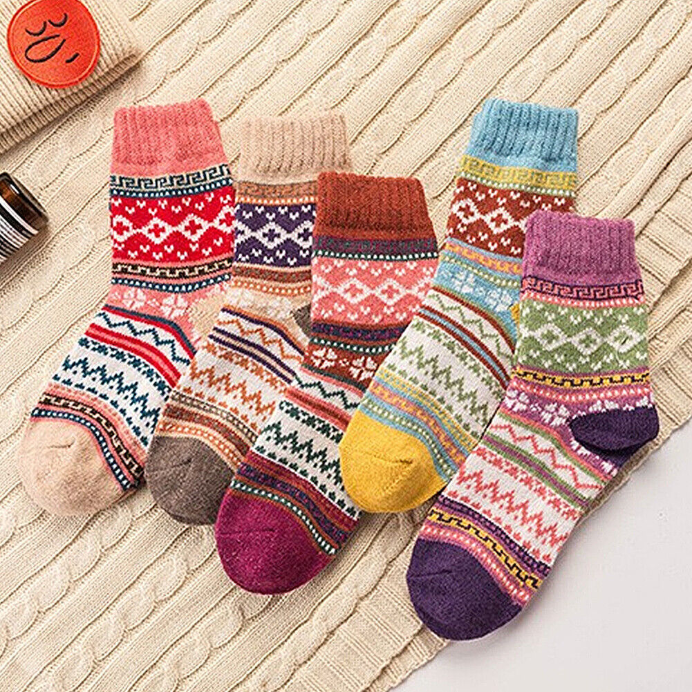 US 5 Pairs Wool Socks Womens Winter Warm Thick Knit Cabin Cozy Crew Socks 5-9