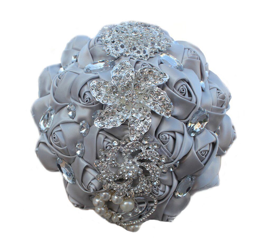 Bride Holding Bouquet Ribbon Rose Flowers Wedding Bouquet Rhinestone Brooch