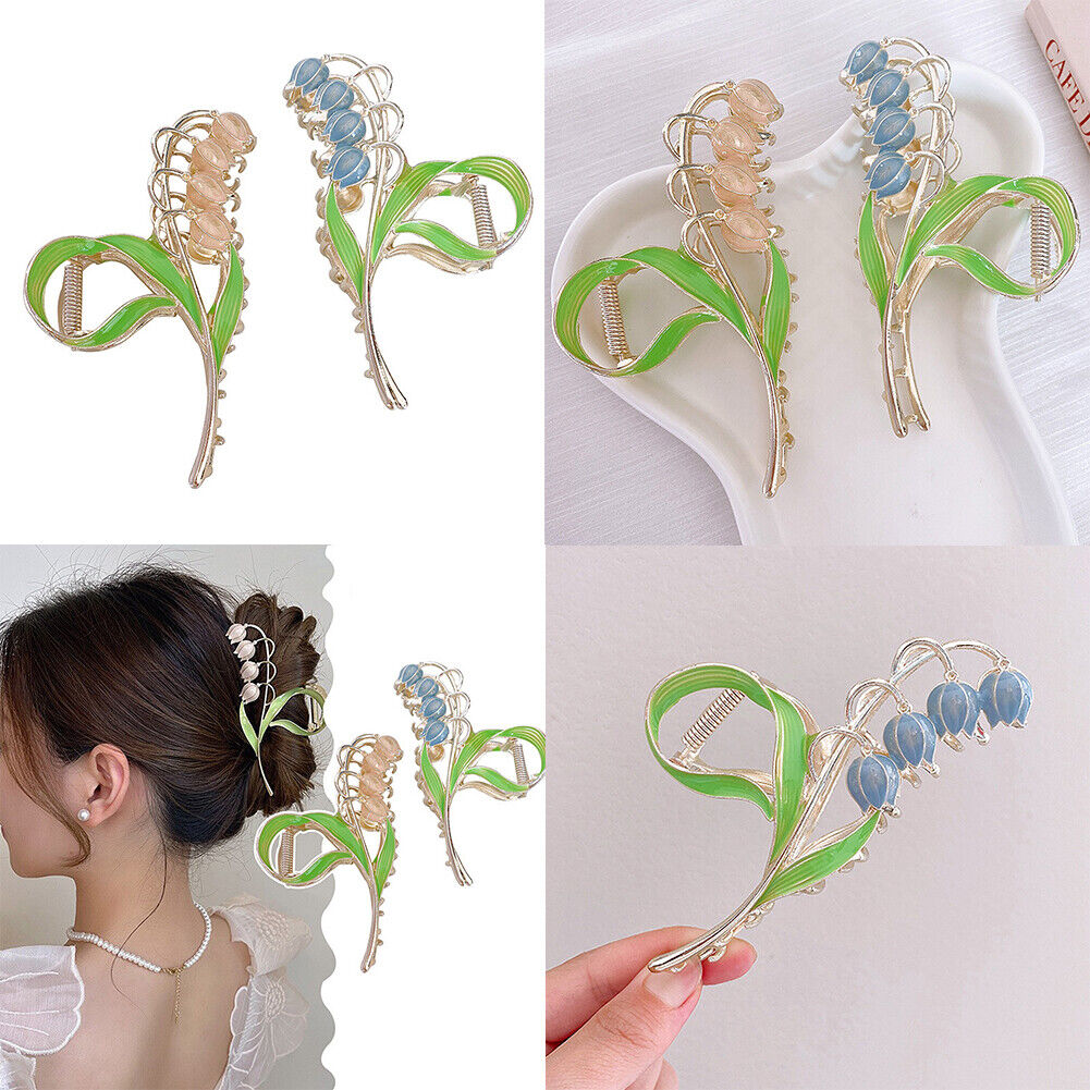 US 1~2Pcs Large Floral Flower Enamel Lily of The Valley Blossom String Hair Claw