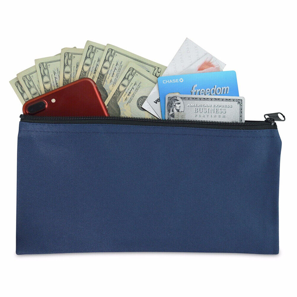 US 2-4 Deposit Bag Bank Pouch Zippered Safe Money Bag Organizer in Navy Blue
