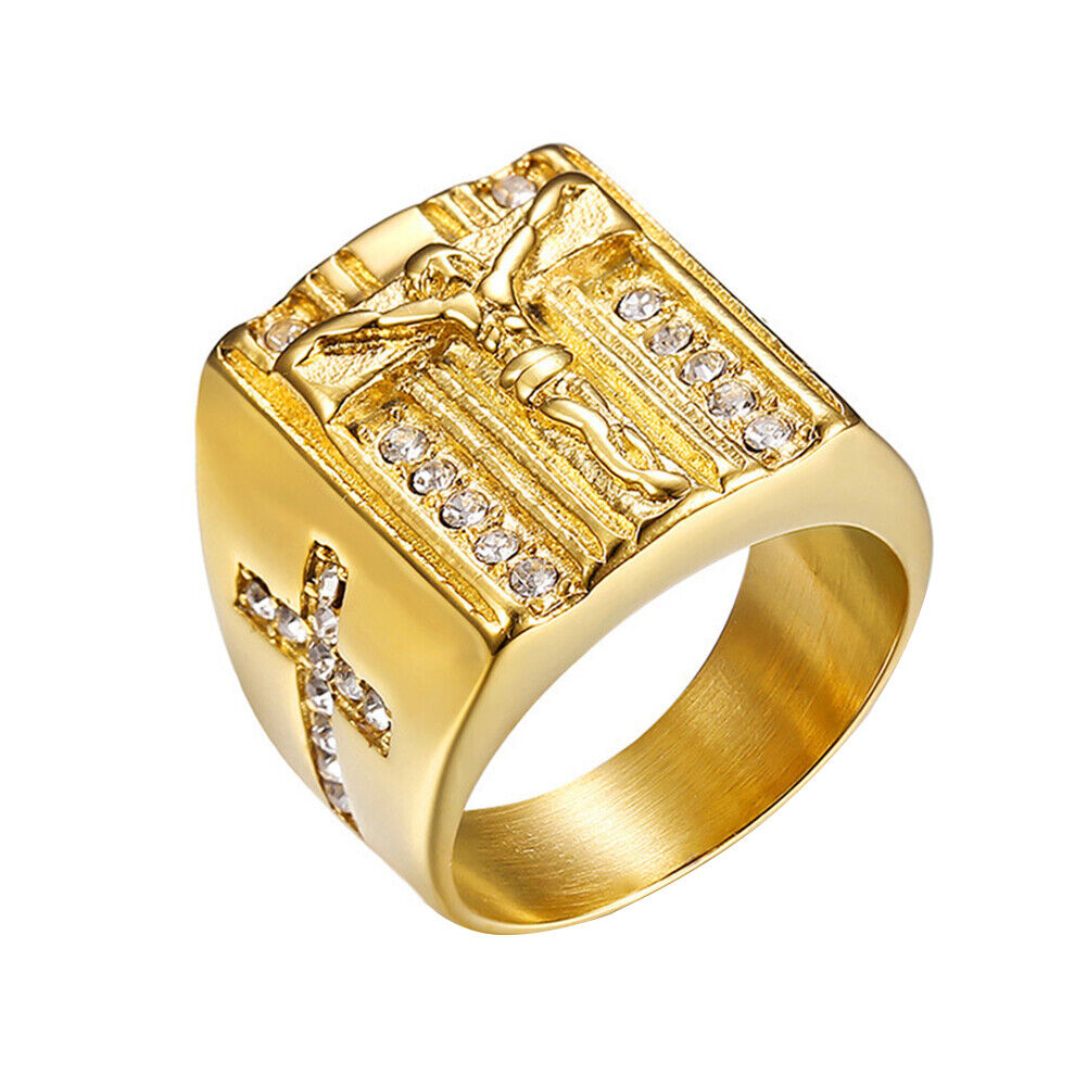 US Mens Stainless Steel Gold Plated CZ Jesus Cross Crucifix Ring Size 7 8-12