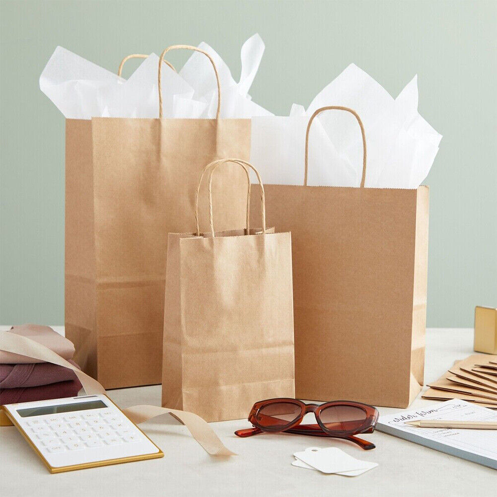 US 50 Pcs Brown Paper Shopping Kraft Retail Gift Merchandise Bags With Handles