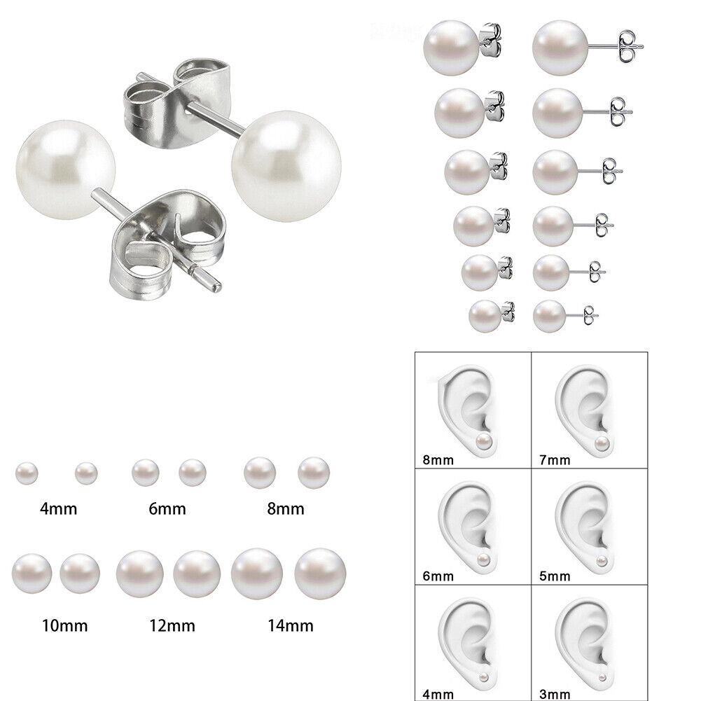 US 6-12 Pairs Faux Pearl Stud Earrings Set Silver Stainless Steel Hypoallergenic