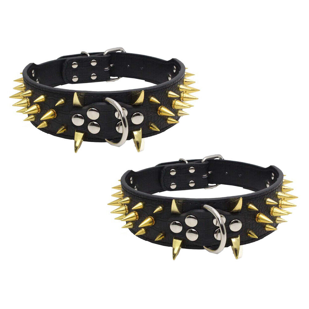 US Dog Collar Sharp Gold Spikes Spike Rivet Adjustable PU Leather 2" wide S M L