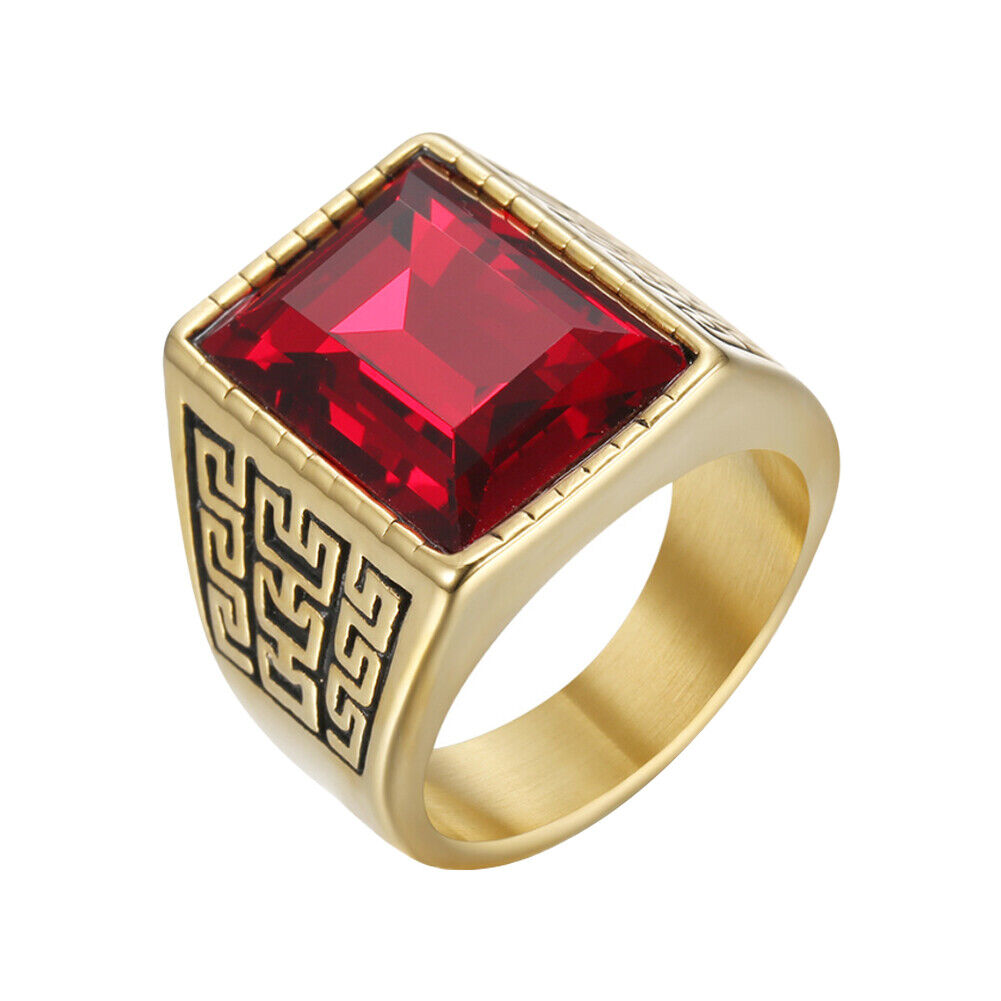 US Men Gold Plated Stainless Steel Red CZ Crystal Stone Ring Men Size 7-11