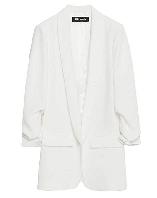 MFrannie Womens Solid Open Front Shirring 3/4 Sleeve Work Blazer