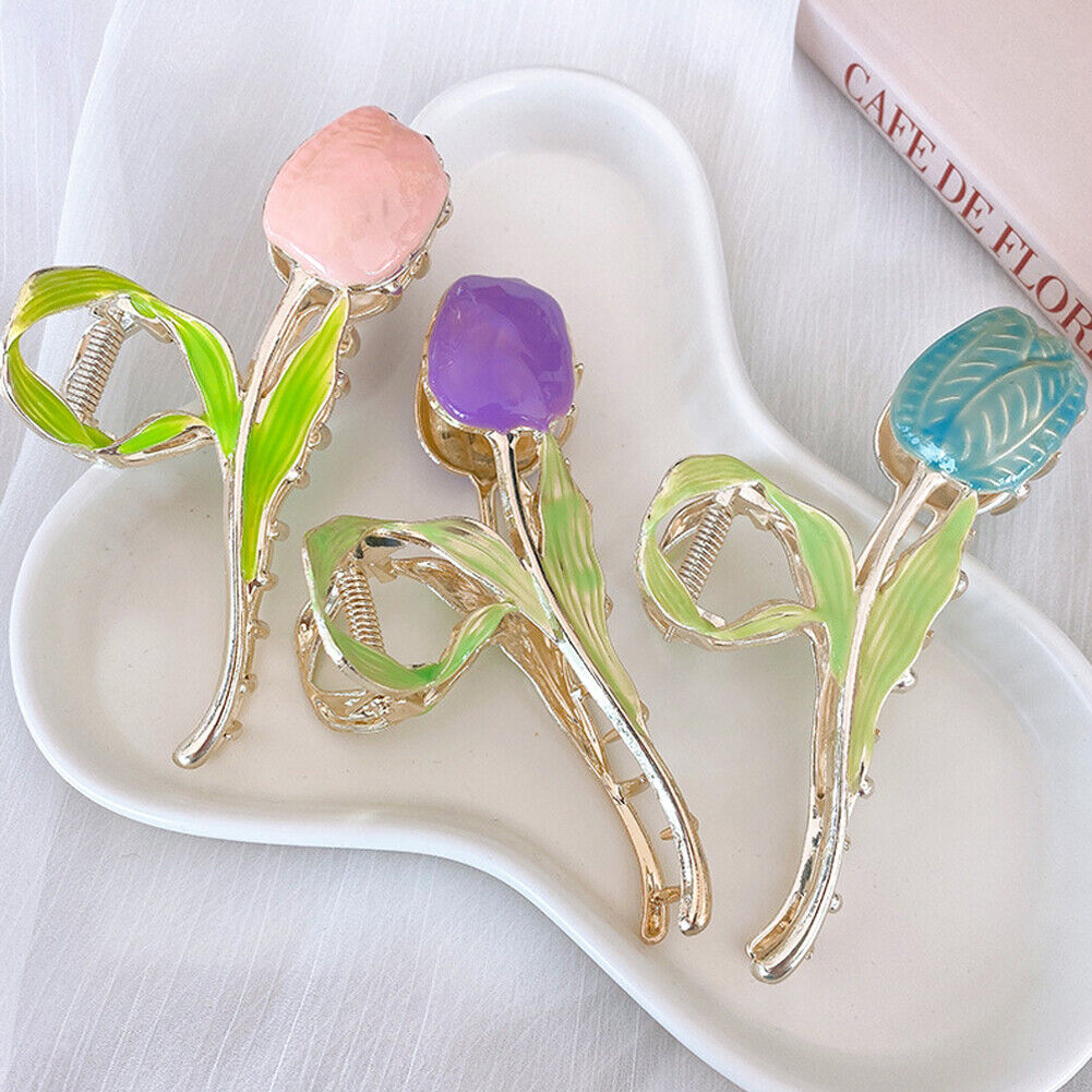 US 1~2 Pack Tulip Floral Enamel Large Metal Hair Claw Flower Blossom Hair Clips