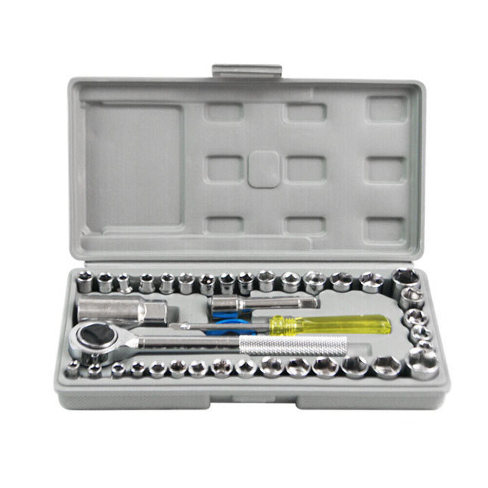 US 1-2Set of 40Pc Ratchet Wrench Socket Tool METRIC/SAE 1/4"3/8" Drive with Case