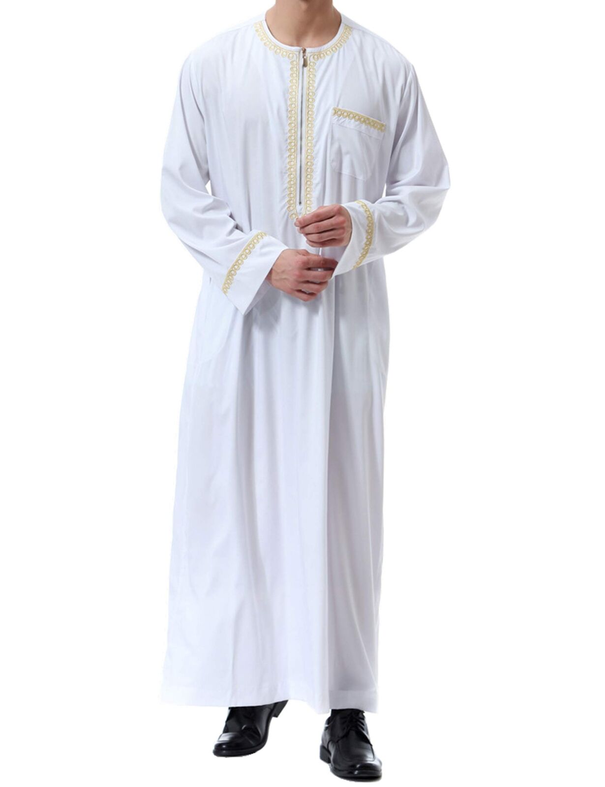 Men Arabic Long Sleeve Printing Thobe Crew Collar Kaftan Robe with Zipper