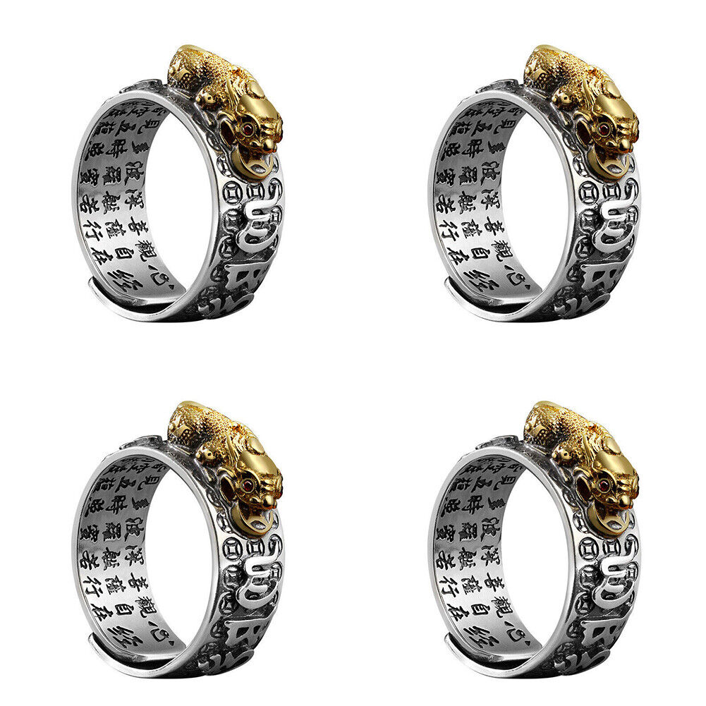 US 2-4Pc Silver Feng Shui Pixiu Adjustable Ring MANI Mantra Protection Wealth