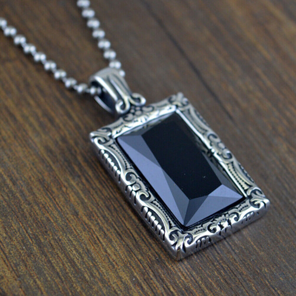 US 1-2 Pc Stainless Steel Mens Hip Hop Black Obsidian Stone Pendant Necklace Men