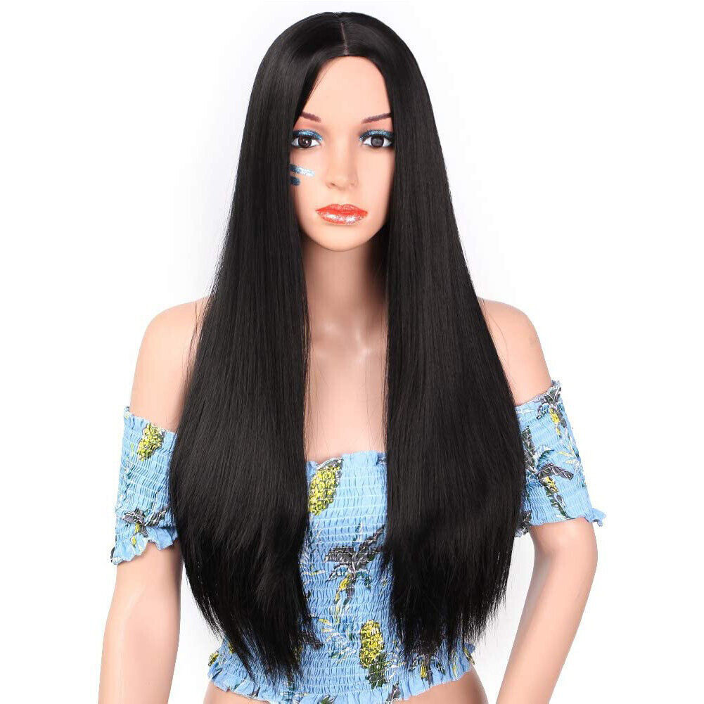 US 1-2 Pack Women Black Long Straight Heat Resistant Human Hair Wig Natural