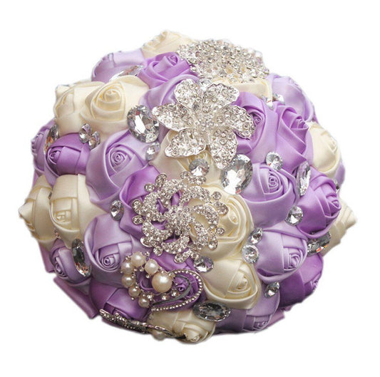 Bride Holding Bouquet Ribbon Rose Flowers Wedding Bouquet Rhinestone Brooch