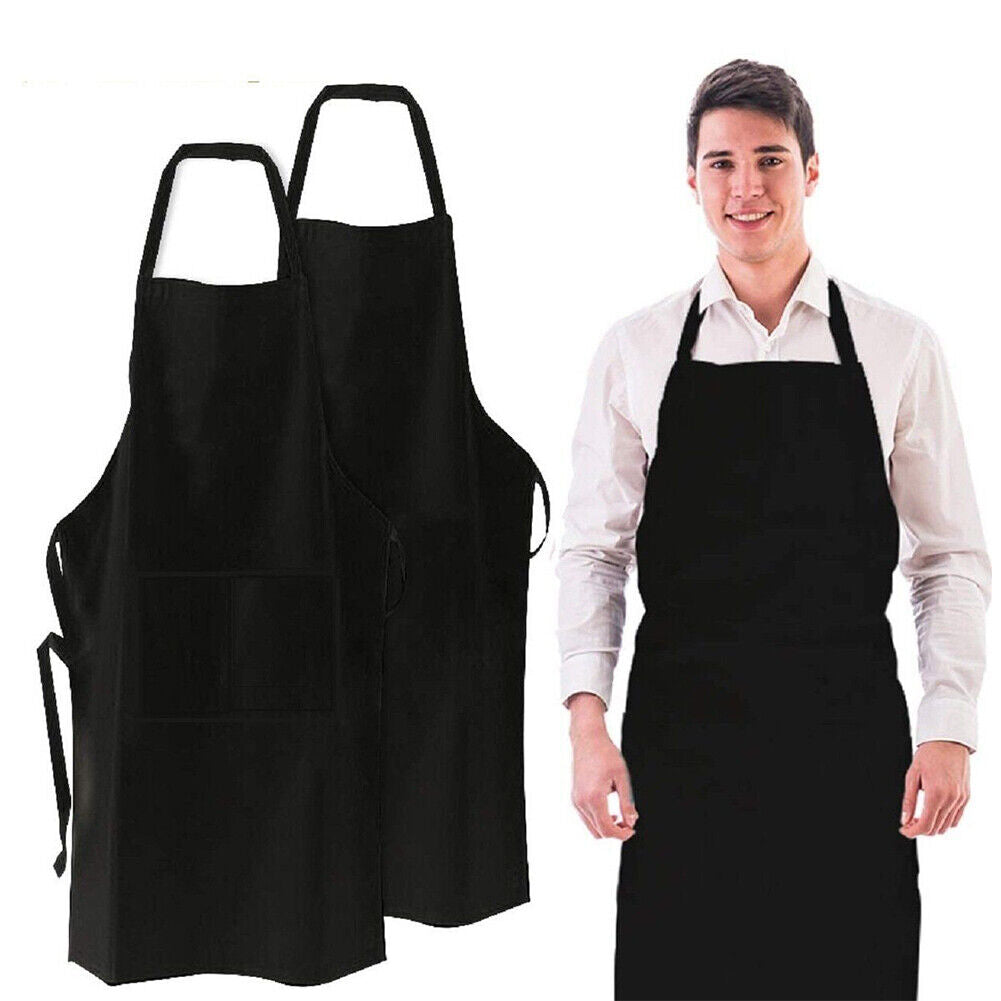 US 2-4 Pcs Waterproof Chef Apron Black Catering Cooking Kitchen Butcher 2 Pocket