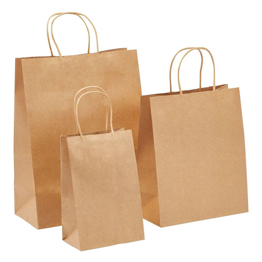 US 50 Pcs Brown Paper Shopping Kraft Retail Gift Merchandise Bags With Handles