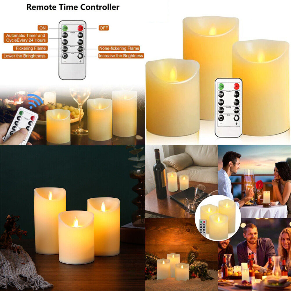 US 3-6 Pcs Set Flickering LED Wax Pillar Flameless Candles Remote Control Timer