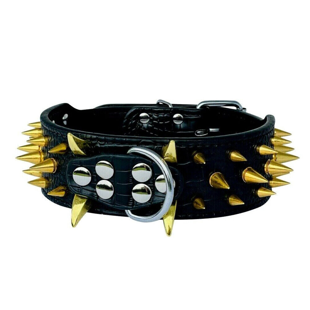 US Dog Collar Sharp Gold Spikes Spike Rivet Adjustable PU Leather 2" wide S M L