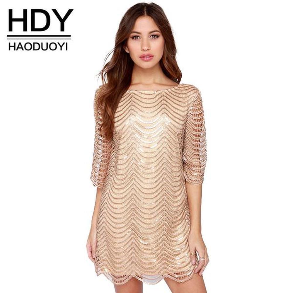 HaoDuoYi Womens Sparkle Sequin Hollow Out Short Sleeves Mini Party Dress