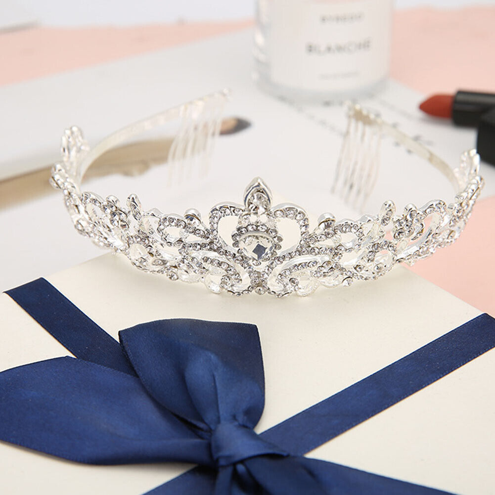 US 1-2 Silver Crystal Tiara Crown Wedding Bridal Princess Rhinestone Hair w/Comb