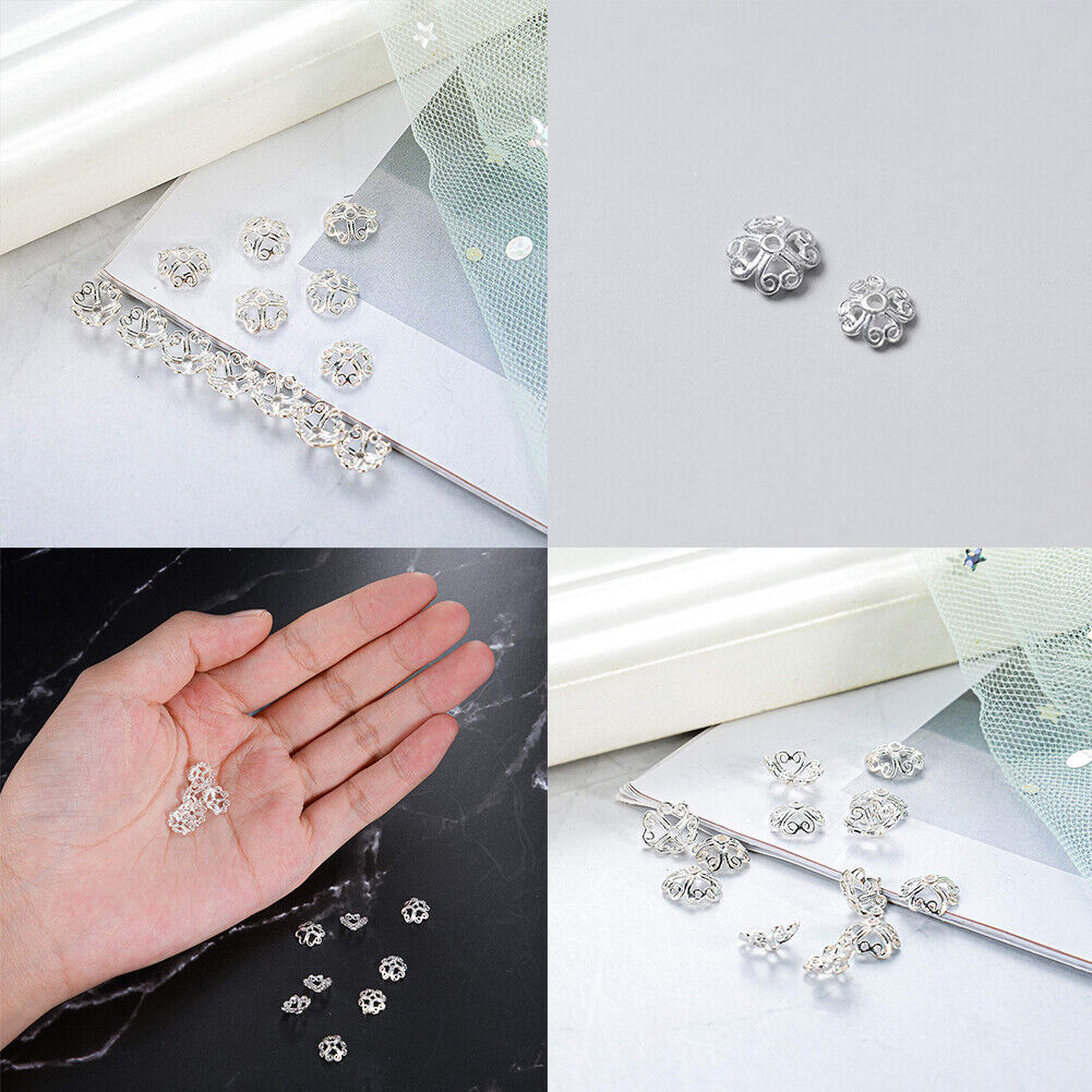 US 10Pc 925 Sterling Silver Heart Filigree Flower Shape Bead Cap Jewelry Making