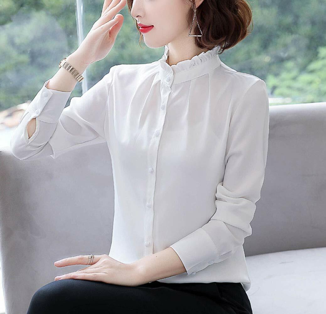 Women Vintage Pleated Collared Button Down Shirt Long Sleeve Blouse Stretch