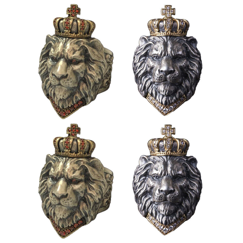 US2-4Pc Punk Animal King Crown Lion Ring Adjustable lion Head Jewelry 925 Silver