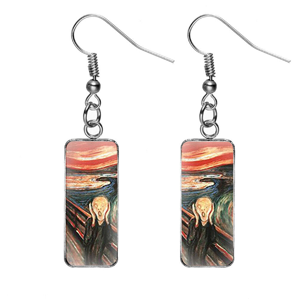 US Rectangle Starry Sky Sunflower Van Gogh Painting Glass Drop Dangle Earrings