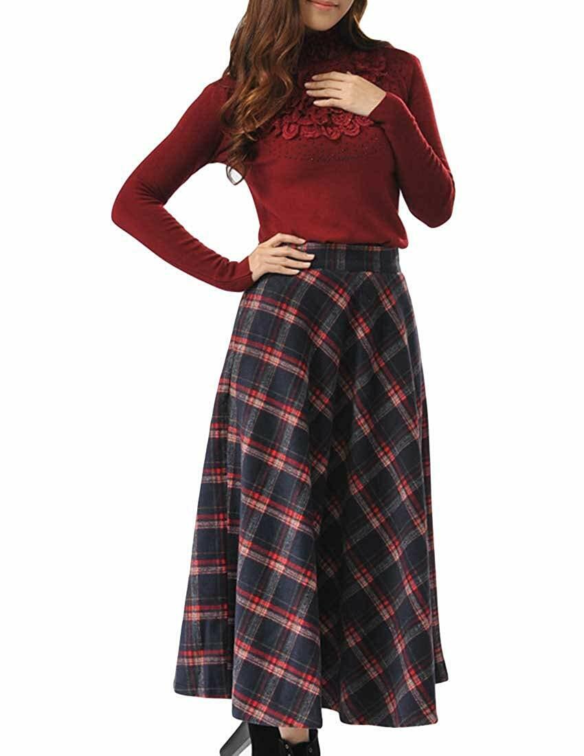 MFrannie Women's Thicken Wool Fashional Classy Grid Long Skirt With Pocket Fine