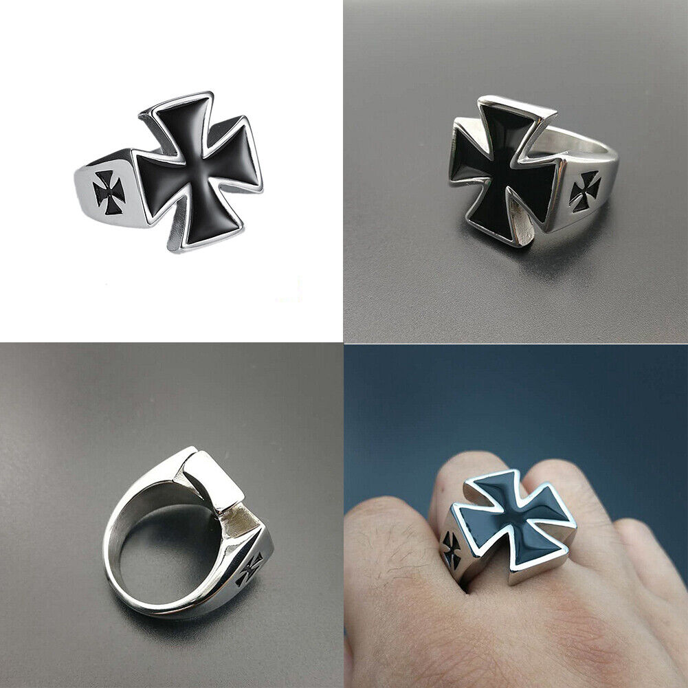 US 2 Pack Mens Iron Cross Biker Ring Stainless Steel Mc Black Silver Size 7-11