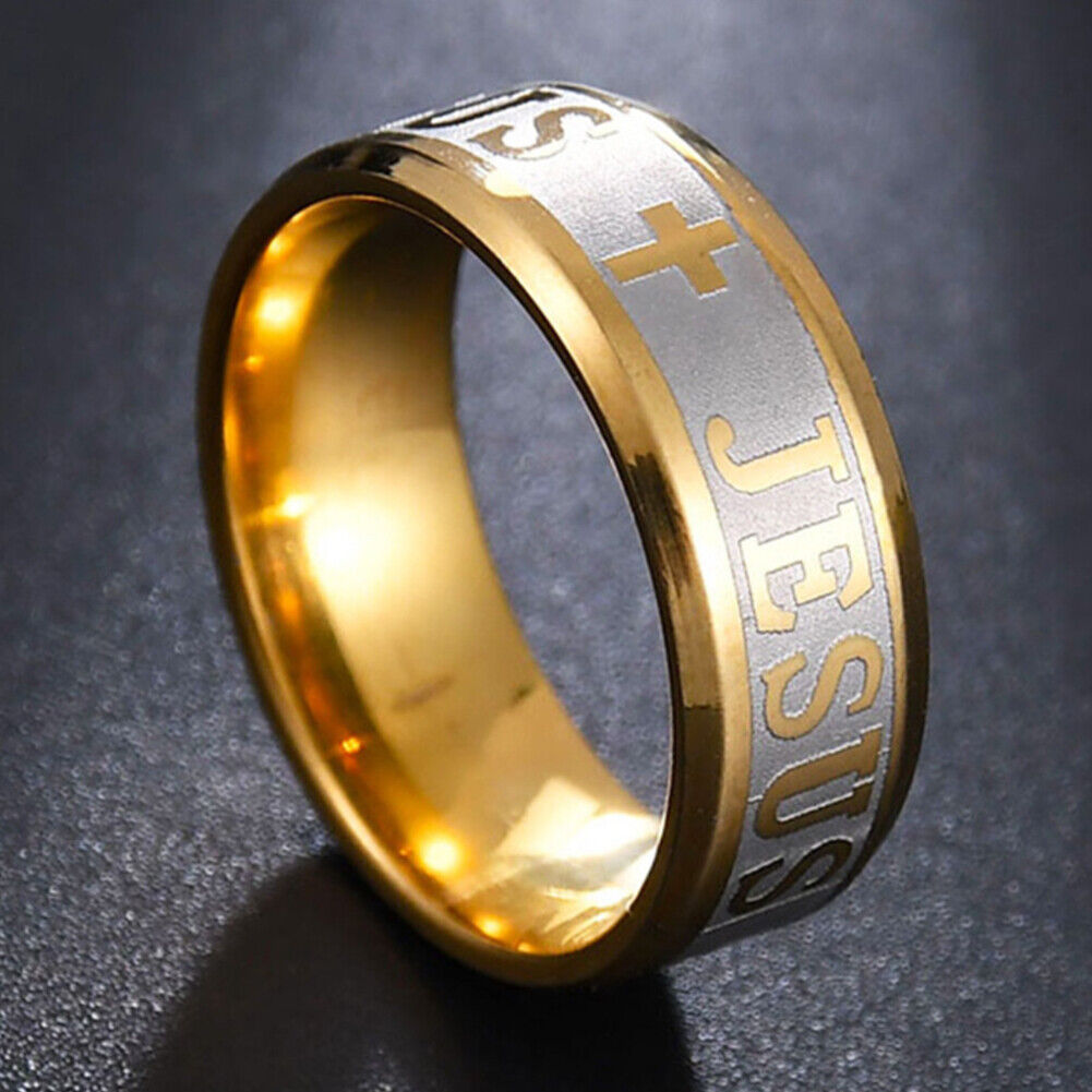 US 1-2 Pack Men Stainless Steel Gold Plated Christian Jesus Cross Ring Band