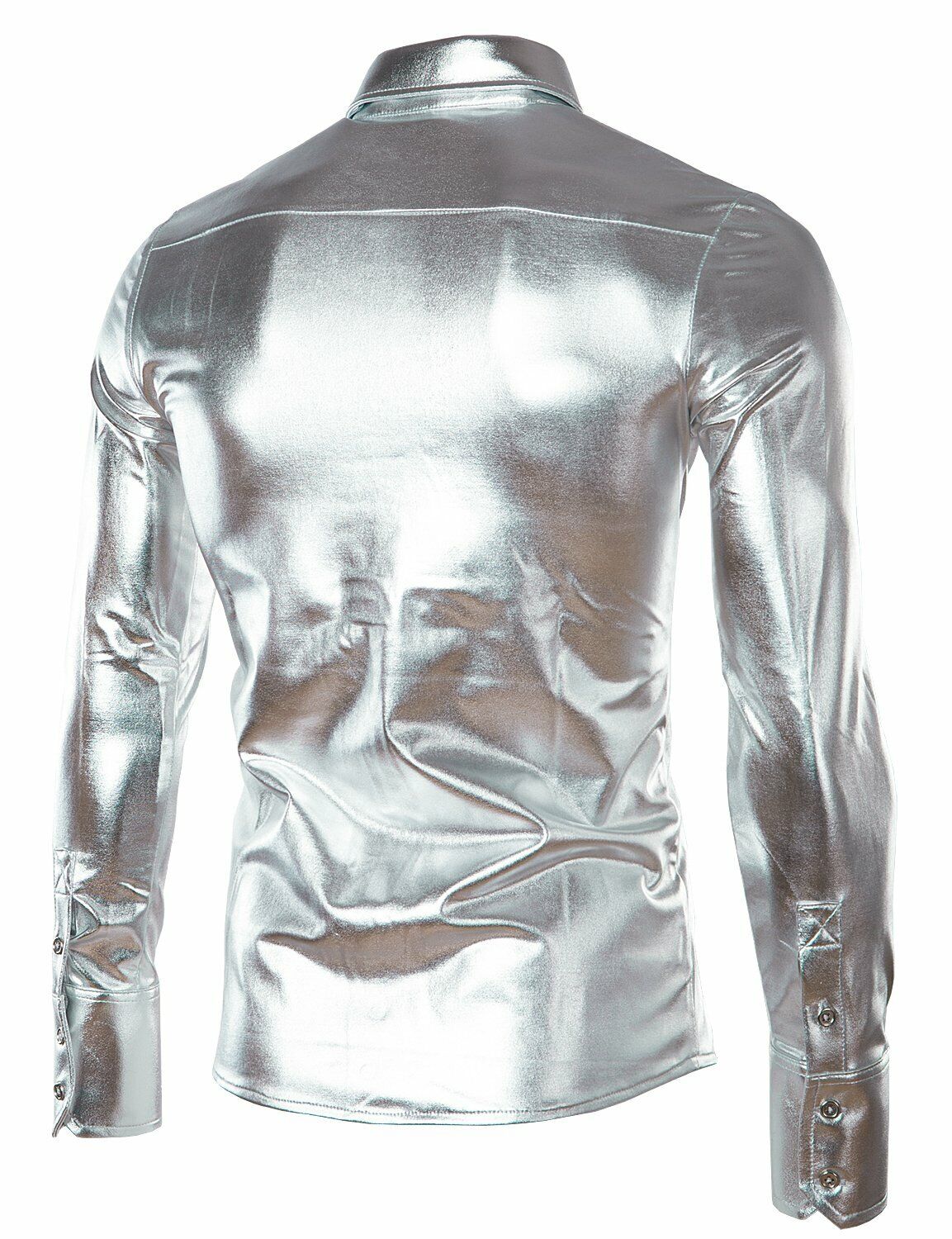 JOGAL Men's Trend Nightclub Styles Metallic Silver Long Sleeve Button Down Shirt