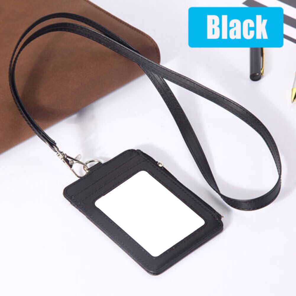 US 2-4 Pcs Badge Holder Zipper Leather ID Card Holder Wallet Pocket Neck Lanyard