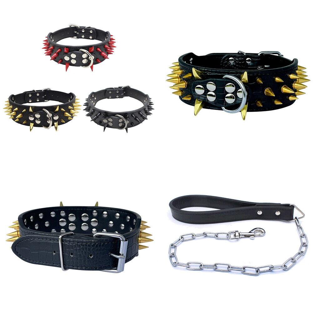 US Dog Collar Sharp Gold Spikes Spike Rivet Adjustable PU Leather 2" wide S M L