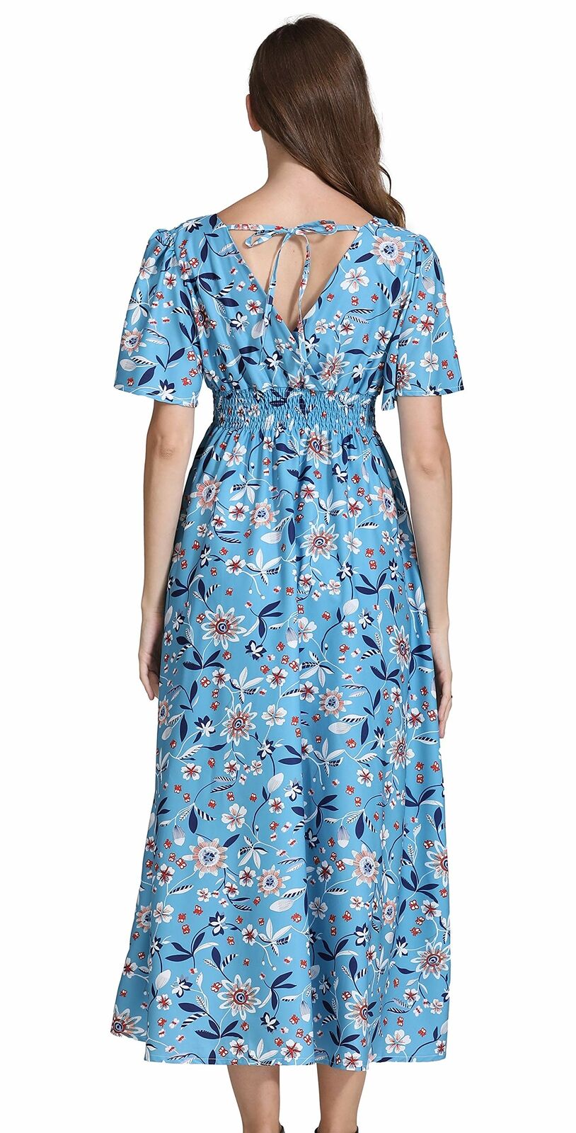 Women's Short Sleeve V-Neck Floral Print Midi Summer Beach Dress
