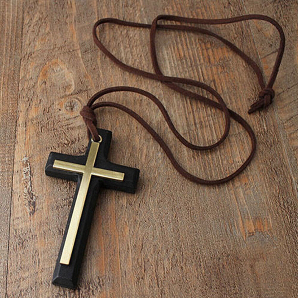 US 1-2 Pack Wood Wooden Cross Long Pendant Adjustable Christian Necklace Unisex