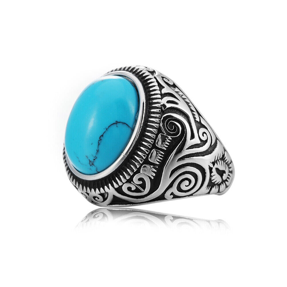 US Mens Simulated Oval Turquoise Stone Ring Men Stainless Steel Size 7 8-11