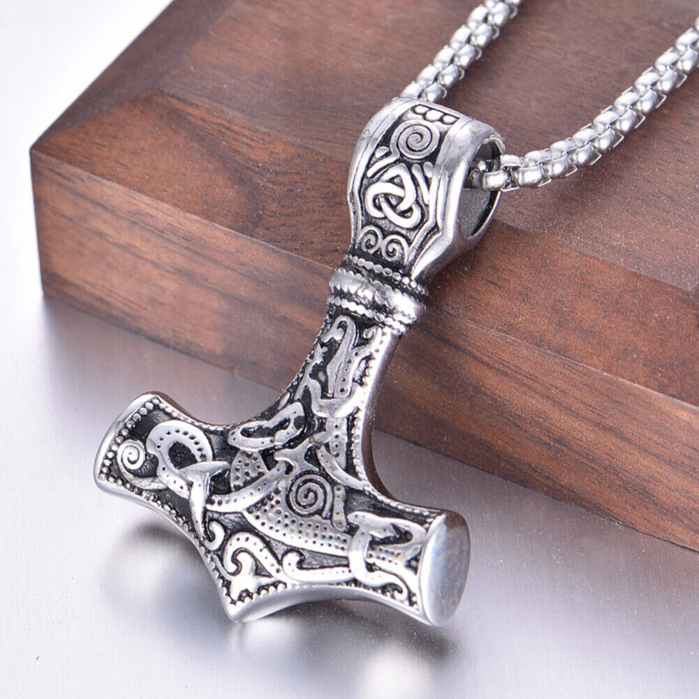 US Men Stainless Steel Norse Viking Thors Hammer Mjolnir Pendant Necklace