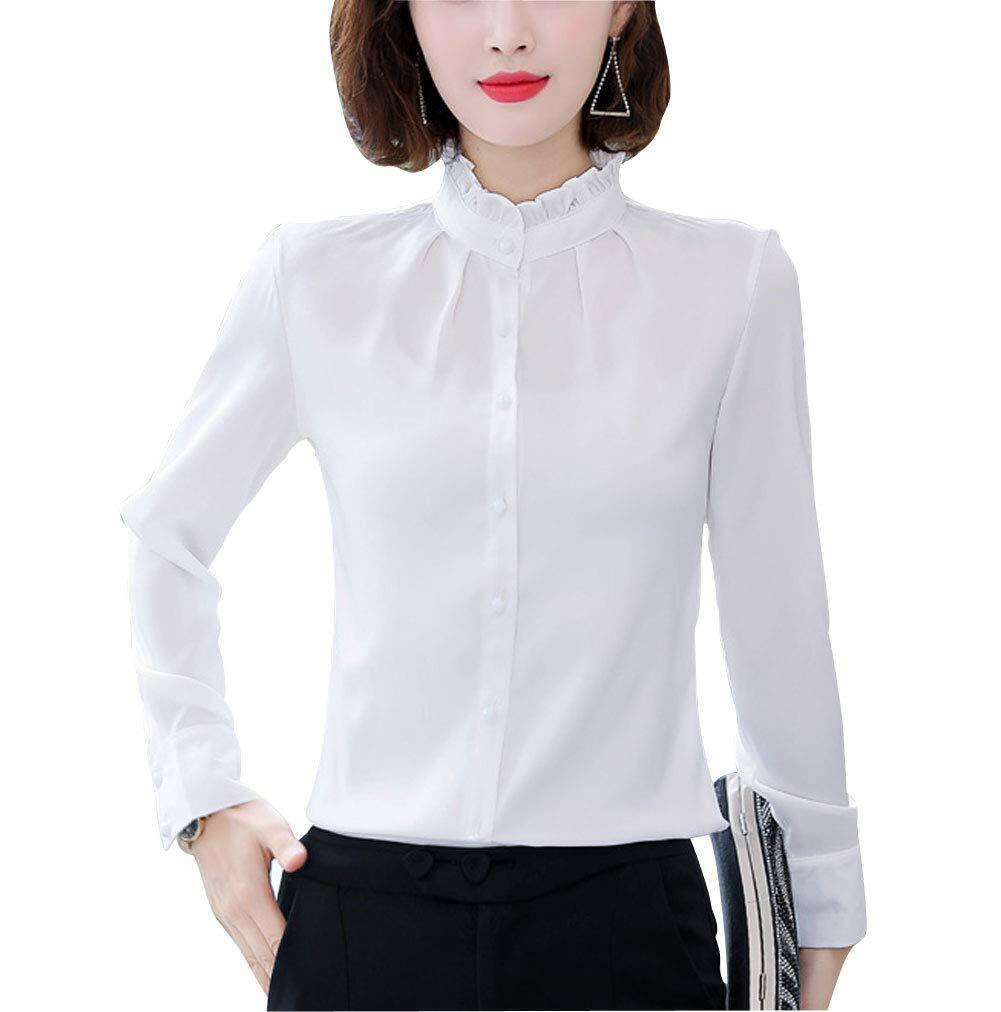 Women Vintage Pleated Collared Button Down Shirt Long Sleeve Blouse Stretch