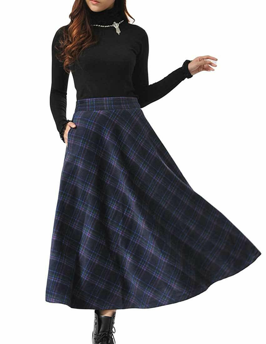 MFrannie Women's Thicken Wool Fashional Classy Grid Long Skirt With Pocket Fine