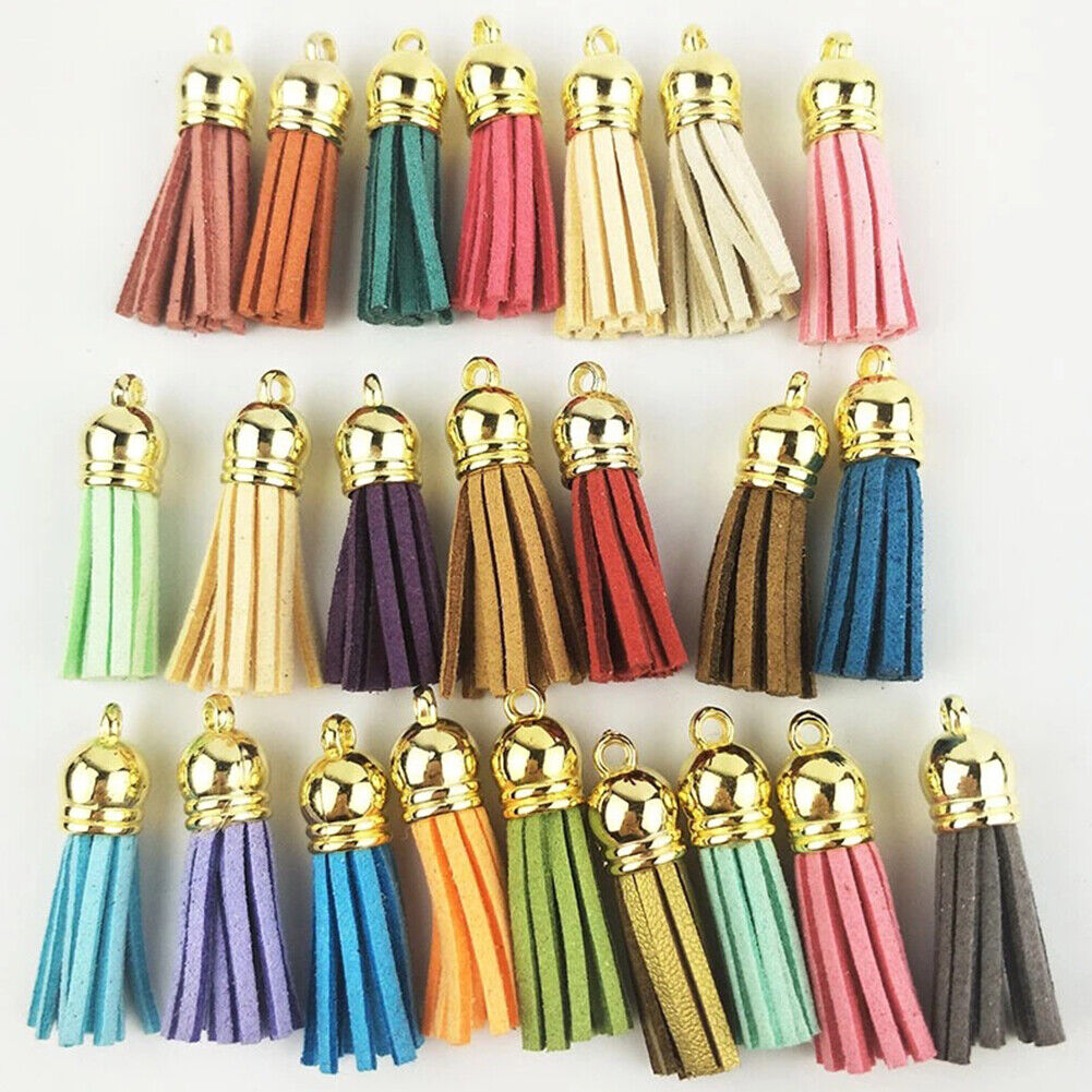 US 100Pc 30 Colors 1.6 inches Leather Tassels Keychain Charms DIY Multicolored