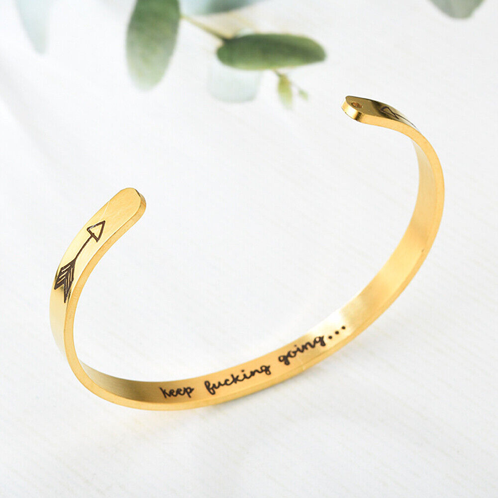 US 2-4 Pack Bangle Bracelet Open Cuff Inspirational Keep Going Letter Engraved