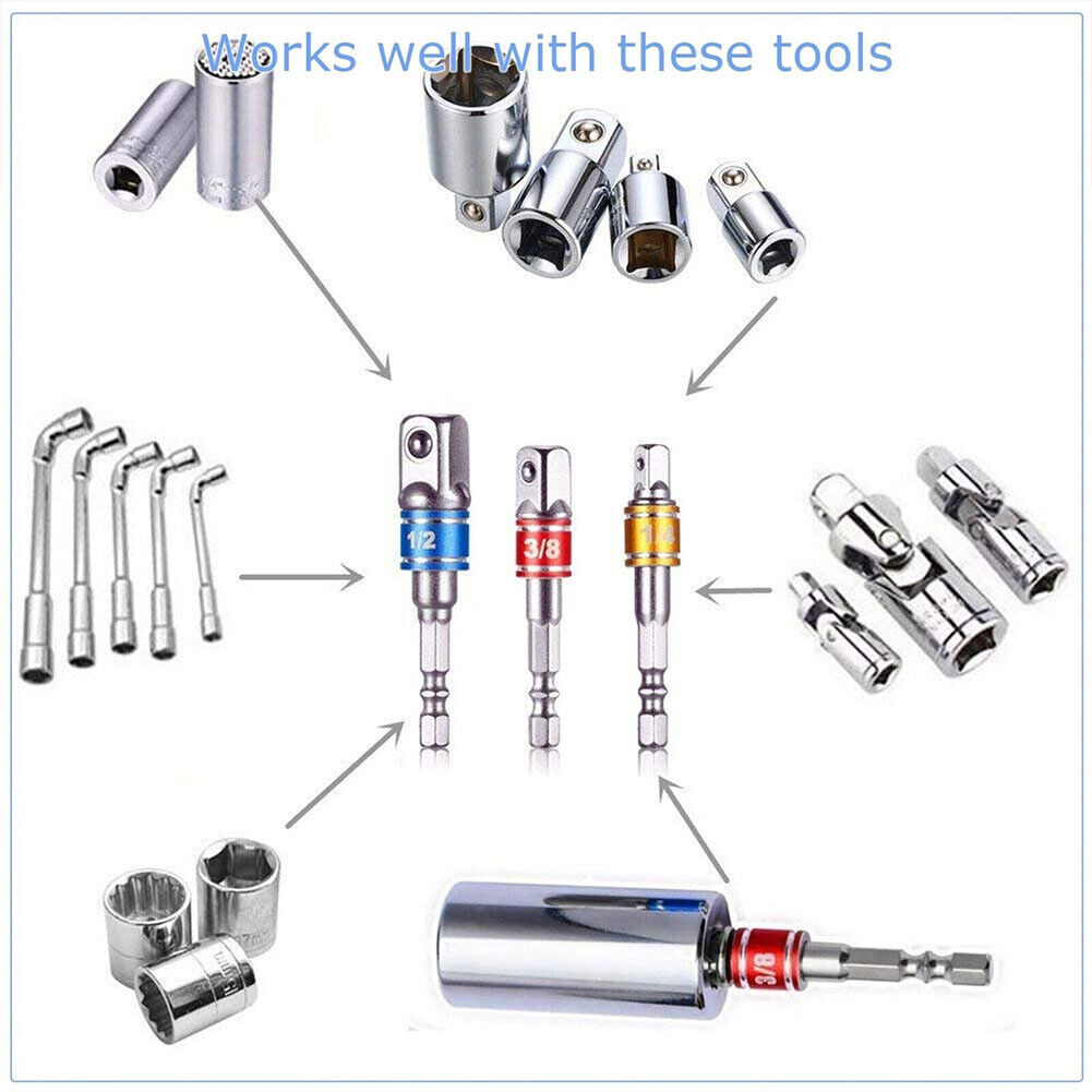 US 2-4 Set of 3-Pc Socket Adapter Hex Shank to1/4" 3/8" 1/2" Impact Driver Drill