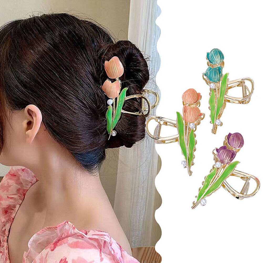 US 1~2 Pack Tulip Floral Enamel Large Metal Hair Claw Flower Blossom Hair Clips