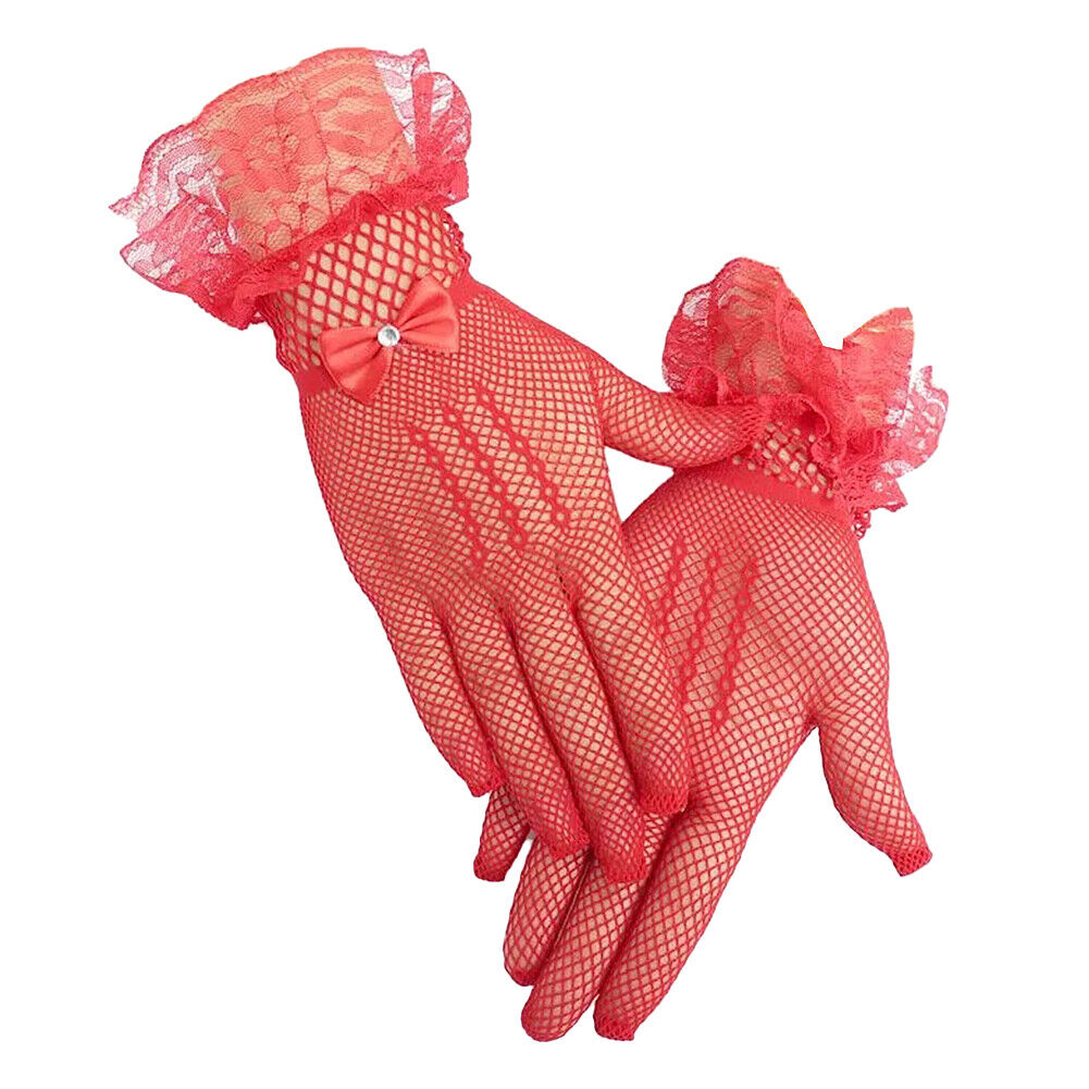 US 1~2 Pairs Ribbon Knot Short Lace Mesh Gloves Prom Bridal Wedding Party Events