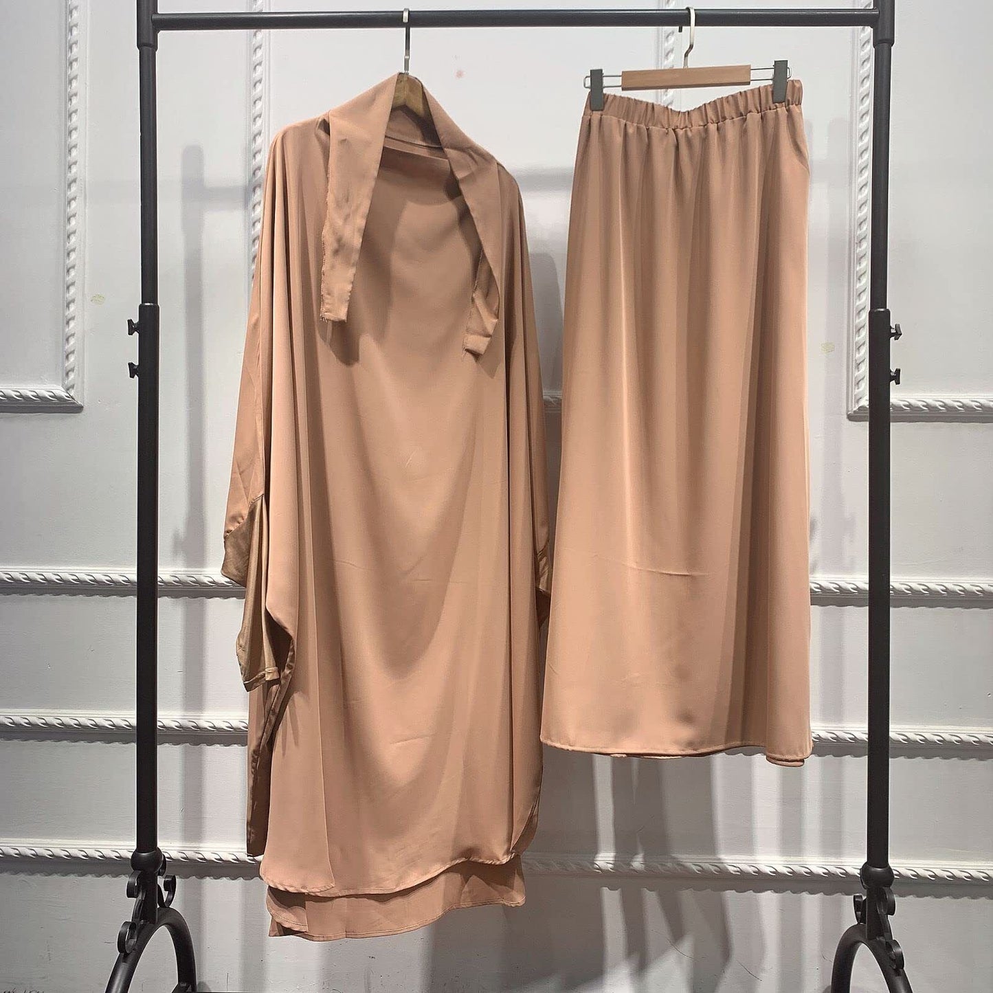 Women Muslim Long Sleeve Thobe Longuette Abaya Thobe with Hoodied Hijab