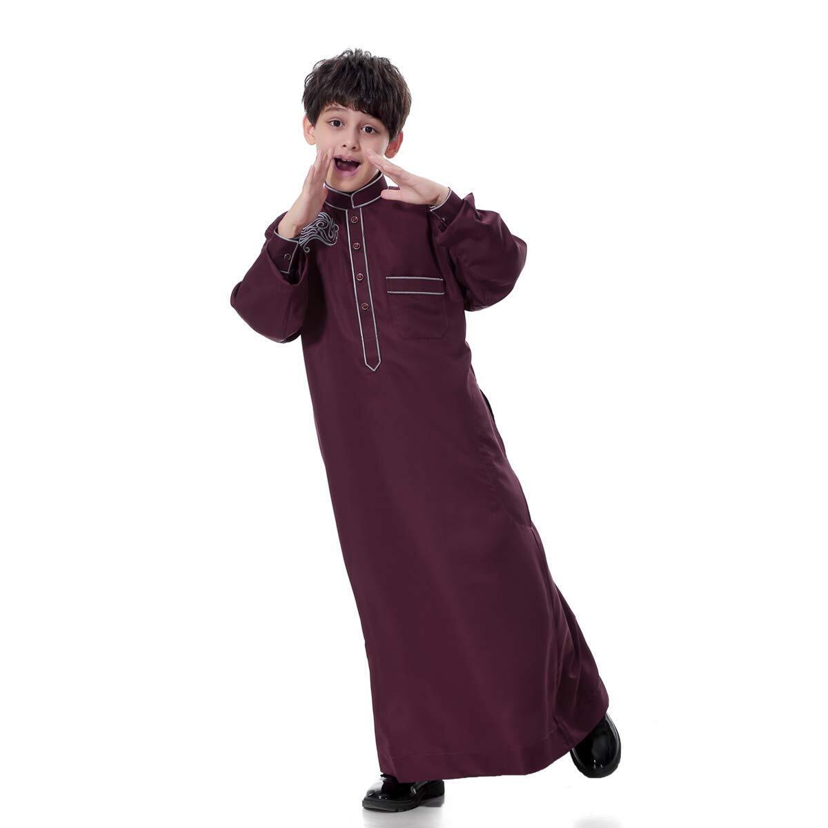 Arabic Thobe Muslim Thobe Kaftan Stand Collar Robe with Botton for Boy
