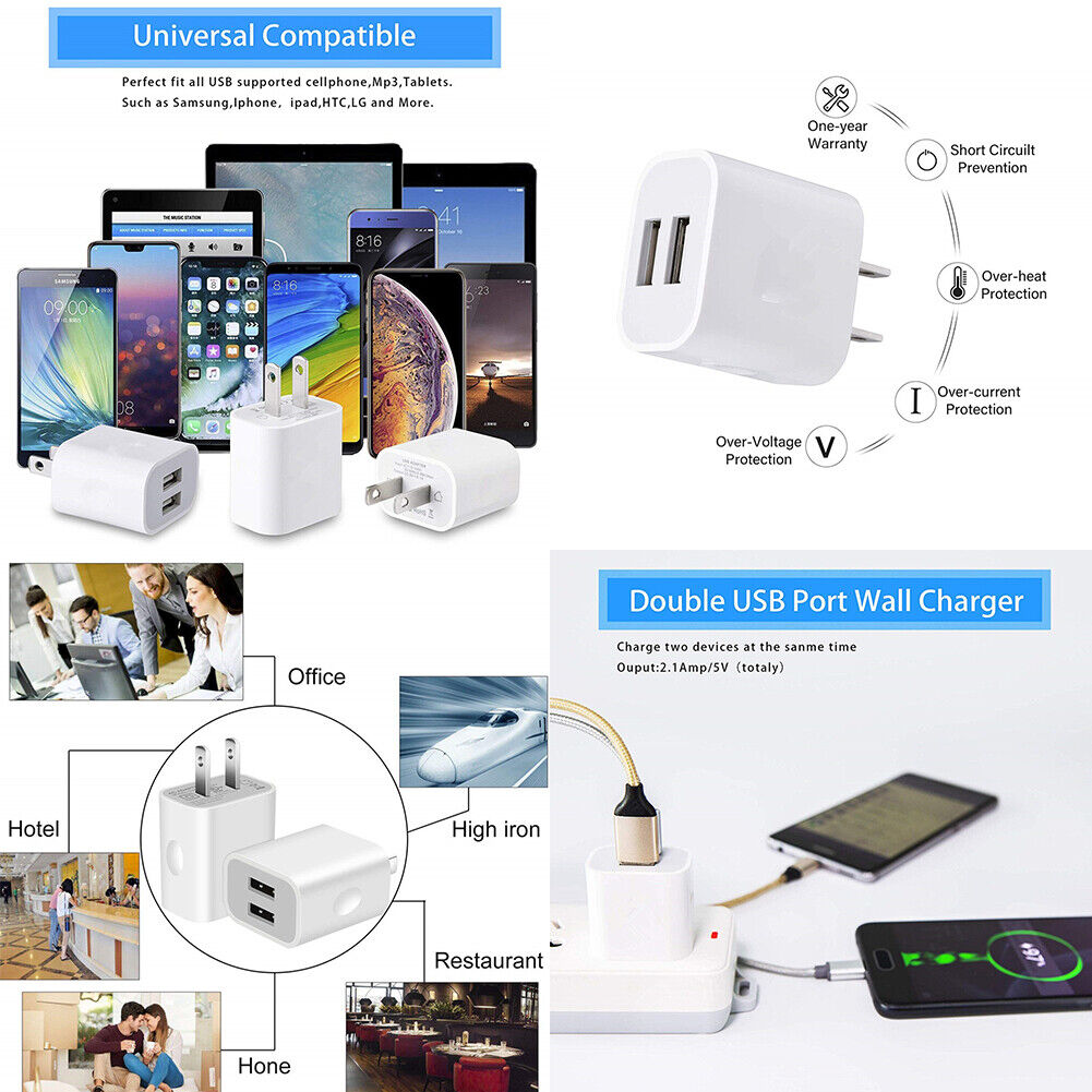 US 3-6 Pcs USB Charger Adapter Dual Port Power Adapter High-Speed Data Sync Wall