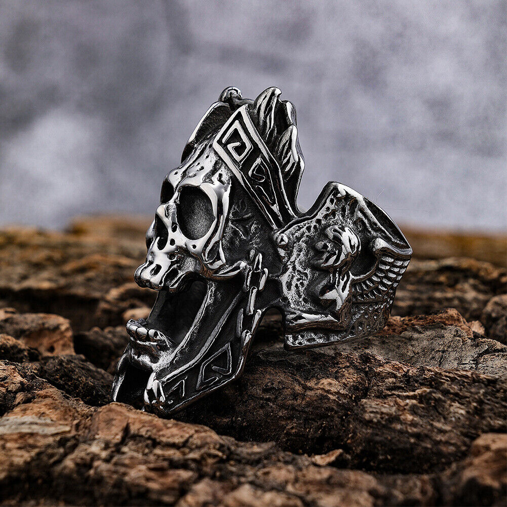 US Mens Stainless Steel Gothic MC Biker Skull Crown Ring Black Men Size 8-11