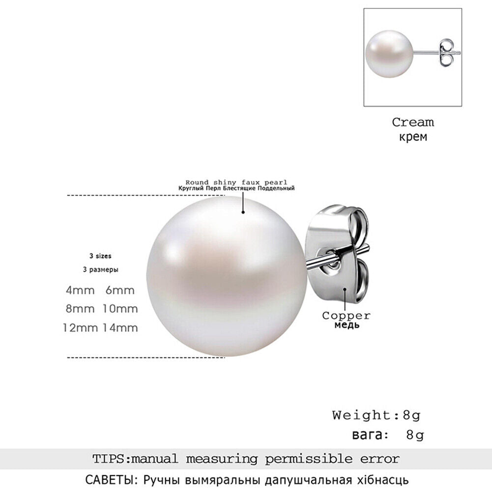 US 6-12 Pairs Faux Pearl Stud Earrings Set Silver Stainless Steel Hypoallergenic